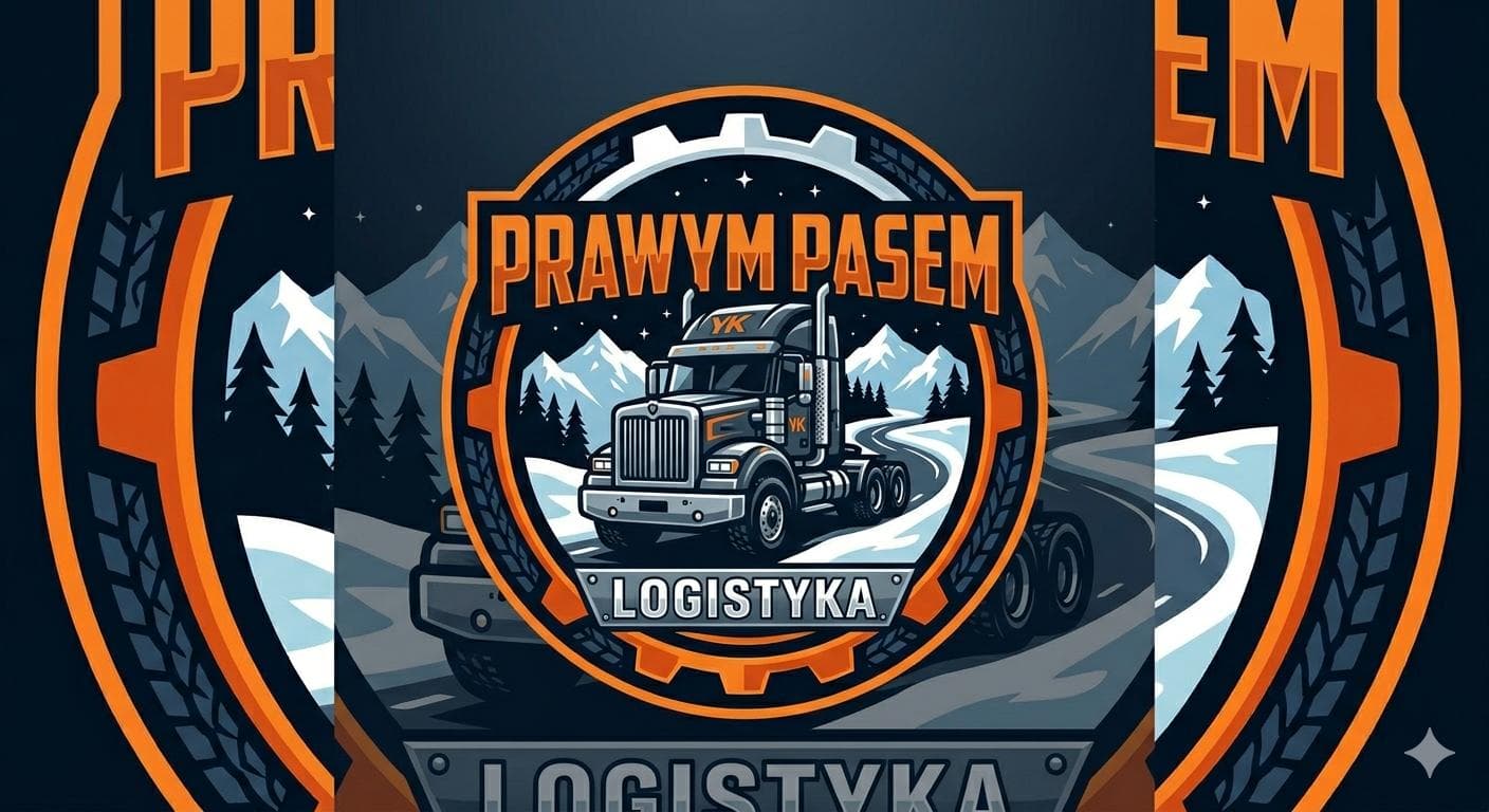 Gear-framed logo of a semi-truck driving through snowy mountains with Polish logistics text.